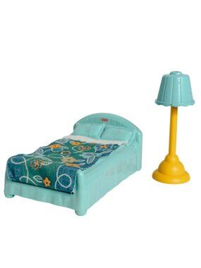 Fisher-Price Dollhouse Bed & Lamp Set Aqua Yellow Floral Blanket Mid-Century Sty